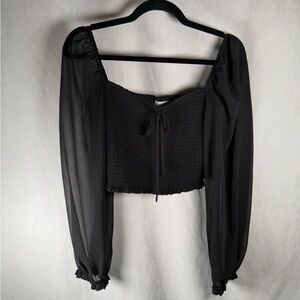 Wilfred Cropped Elastic Inset Cropped Top w/Semi-Sheer Sleeve - Medium in Black